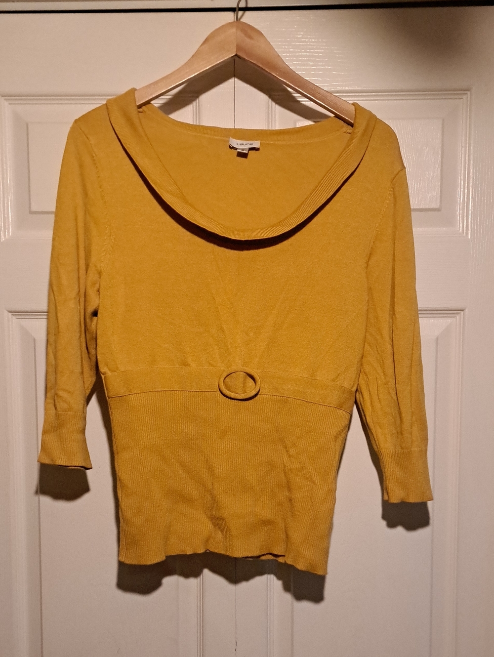Laura-Women's Mustard Yellow Belted Buckle Scoop-Neck Sweater Soft Tailored look